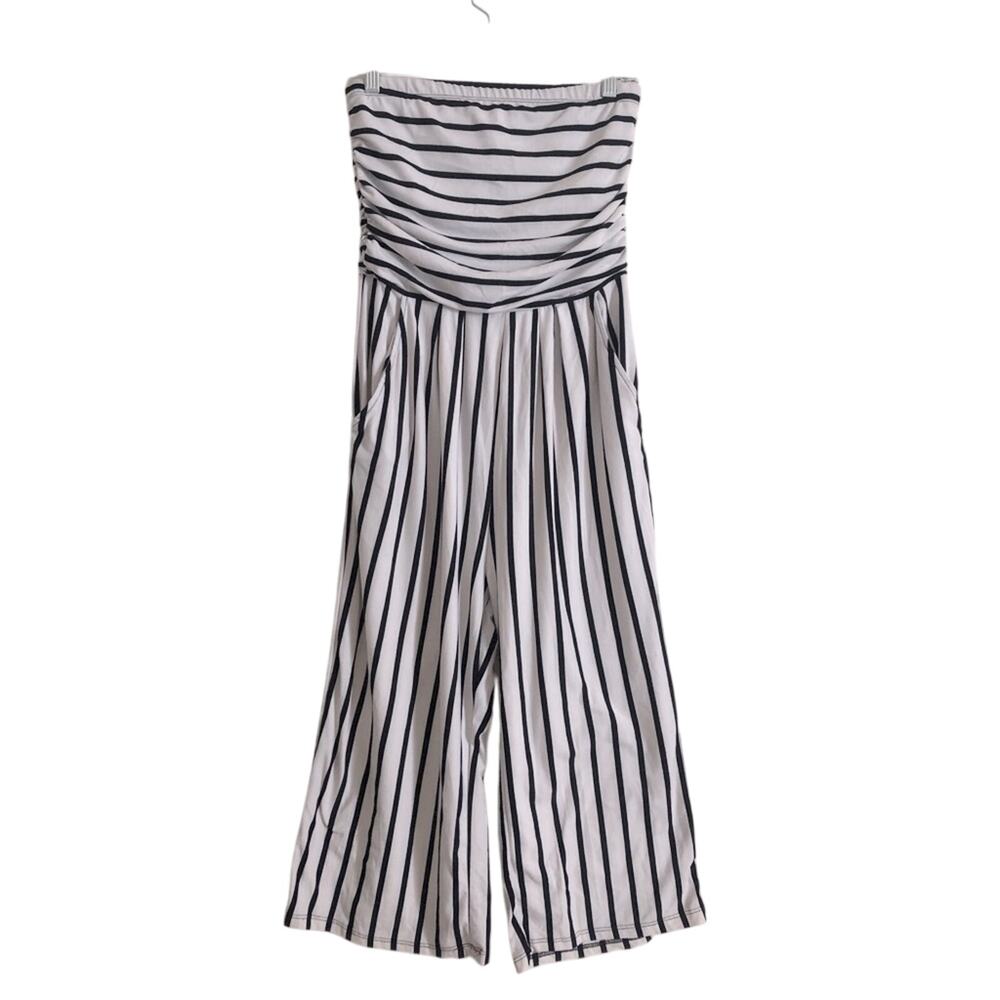 J For Justify Strapless Pockets Black and White Striped Wide Leg Romper Jumpsuit